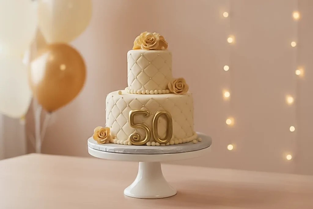 Gold and ivory two tier 50th birthday cake
